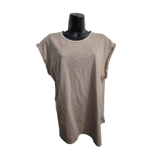 Zara Tops - ZARA Faux Suede Fur Trim Sleeveless Top Tunic Tan Beige Size Medium Soft Boho